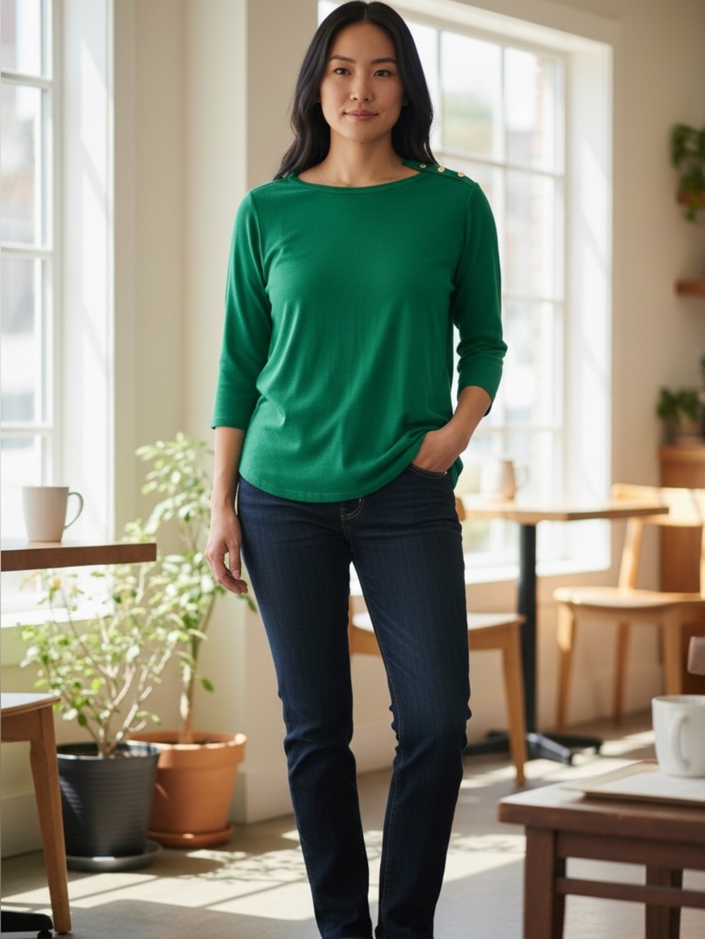 Lauren Ralph Lauren Green 3/4 Sleeve Button-Shoulder Knit Top Plus Size 2X